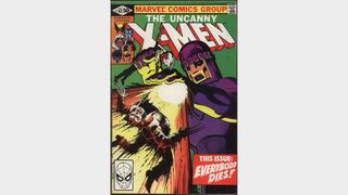 Wolverine is blasted by a Sentinel, which has Storm in one hand, on the cover art for Uncanny X-Men #142.