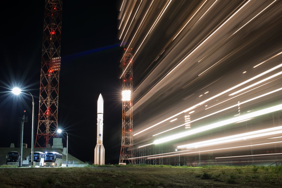 A Russian Proton-M rocket stands ready to launch the Express 80 and Express 103 communications satellites for the Russian Satellite Communications Company from Baikonur Cosmodrome on July 30, 2020.