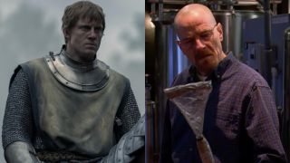 From L to R: Peter Claffey as Ser Duncan "Dunk" the Tall riding on his horse in A Knight of the Seven Kingdoms, Bryan Cranston as Walter White holding a flag in Breaking Bad.