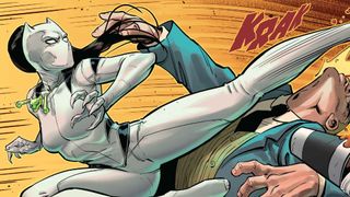 White Tiger acrobatically kicking a guy in the face