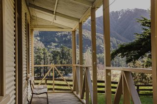 American front porch with wooden bench