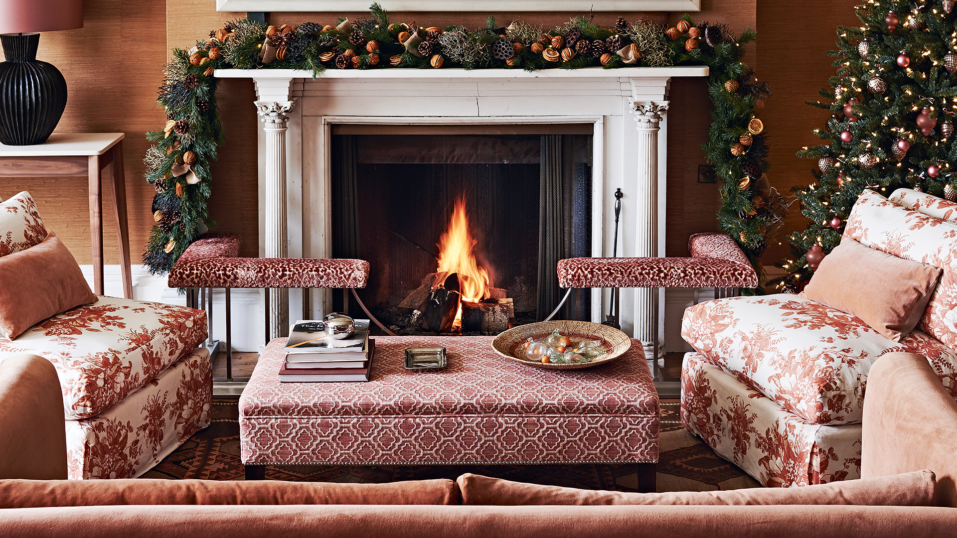 Christmas living room with open fire with fire guards