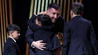 Lionel Messi and his sons Thiago, Mateo and Ciro at the 2023 Ballon d'Or ceremony