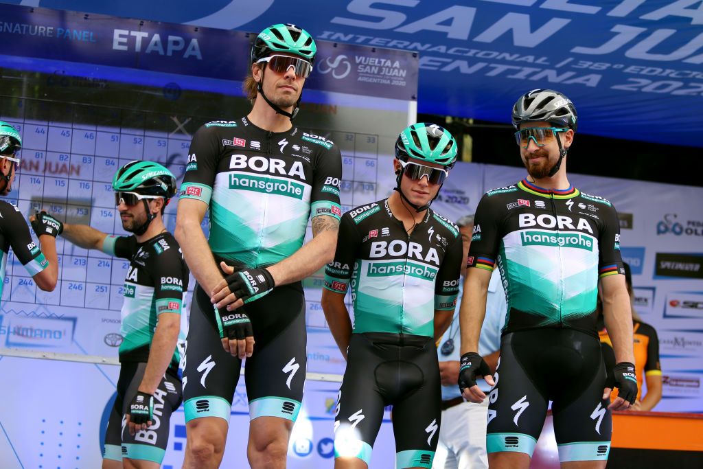 VILLASANAGUSTIN ARGENTINA JANUARY 29 Start Daniel Oss of Italy and Team BoraHansgrohe Matteo Fabbro of Italy and Team BoraHansgrohe Peter Sagan of Slovakia and Team BoraHansgrohe Oscar Gatto of Italy and Team BoraHansgrohe Team Presentation during the 38th Vuelta a San Juan International 2020 Stage 4 a 1858km stage from San Jos de Jchal to Valle Frtil Villa San Agustn 894m vueltasanjuanok VueltaSJ on January 29 2020 in Villa San Agustn Argentina Photo by Maximiliano BlancoGetty Images