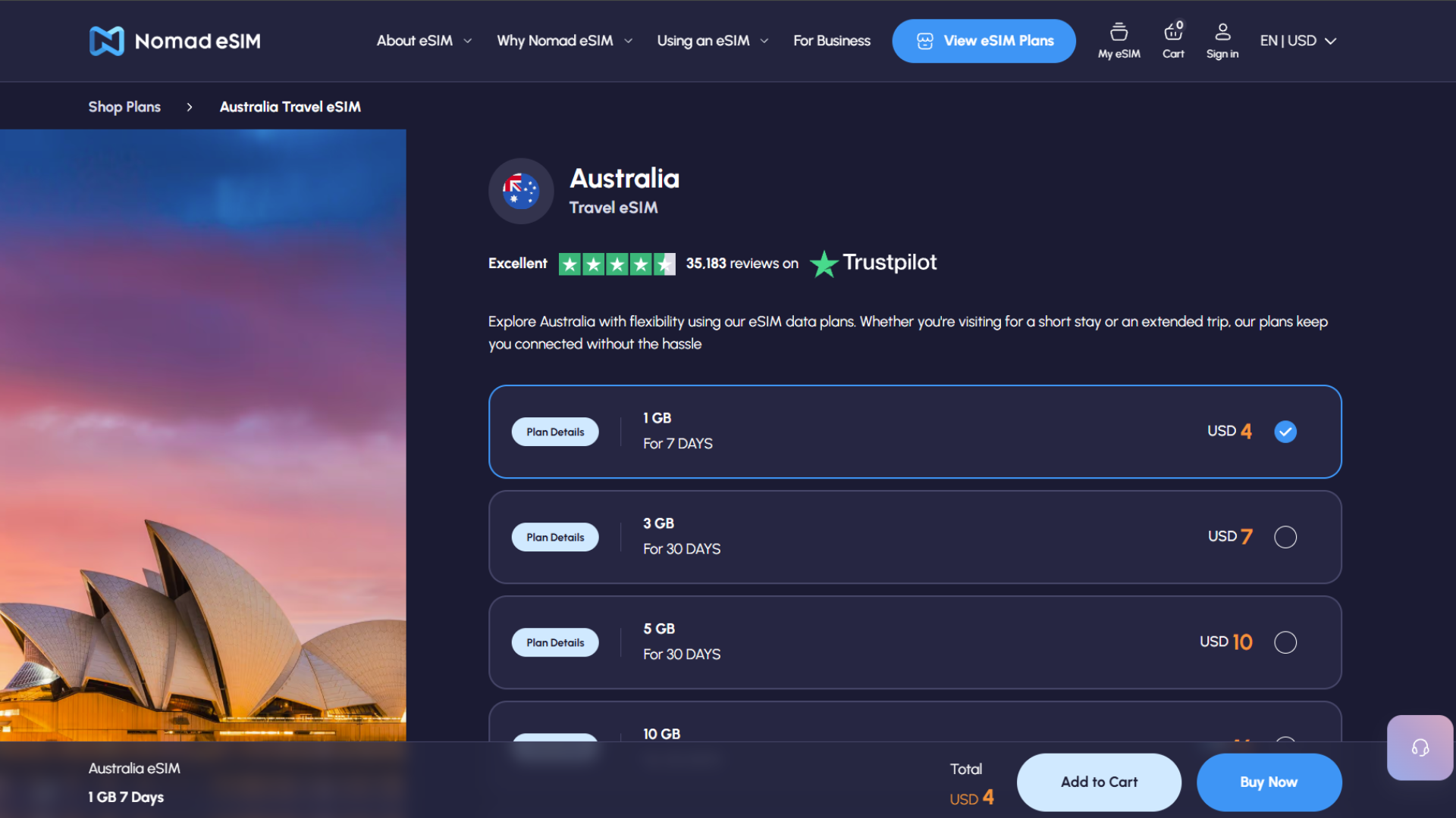 Nomad eSIM Australia homepage