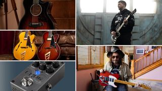 Taylor acoustic, D'Angelico Excel 16, Solar Chug Lite, Lee Malia with his Jackson LM-87 and Mike Campbell with his Red Dog Telecaster