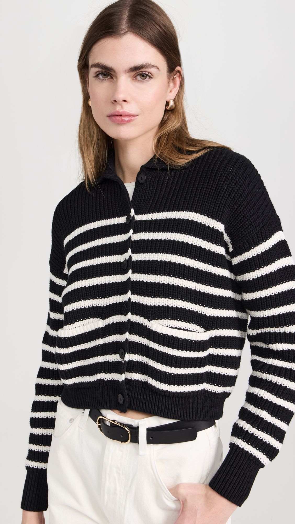 Ribbed Polo Cardigan Sweater in Stripe