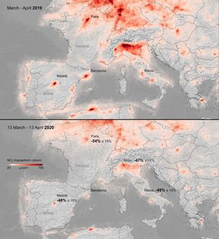A comparison of nitrogen dioxide levels in Europe during an average spring, above, and with 2020's coronavirus containment measures enacted, below.