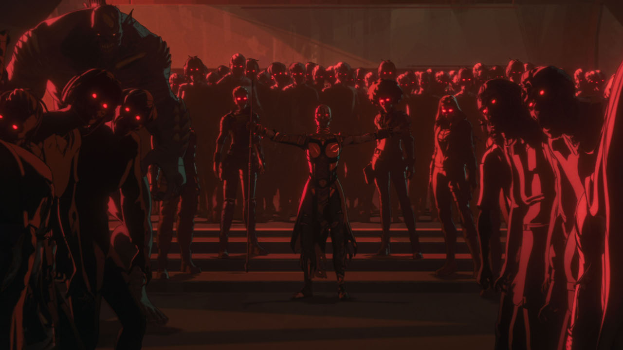 A zombie horde approaches in Marvel Zombies