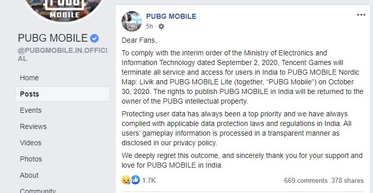 PUBG Mobile India Facebook post