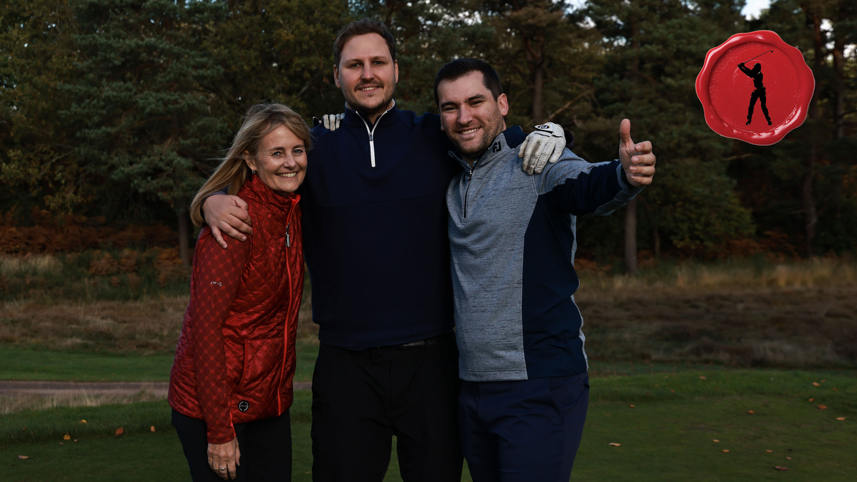 Three golfers looking happy on the golf course with one of them giving a thumbs up