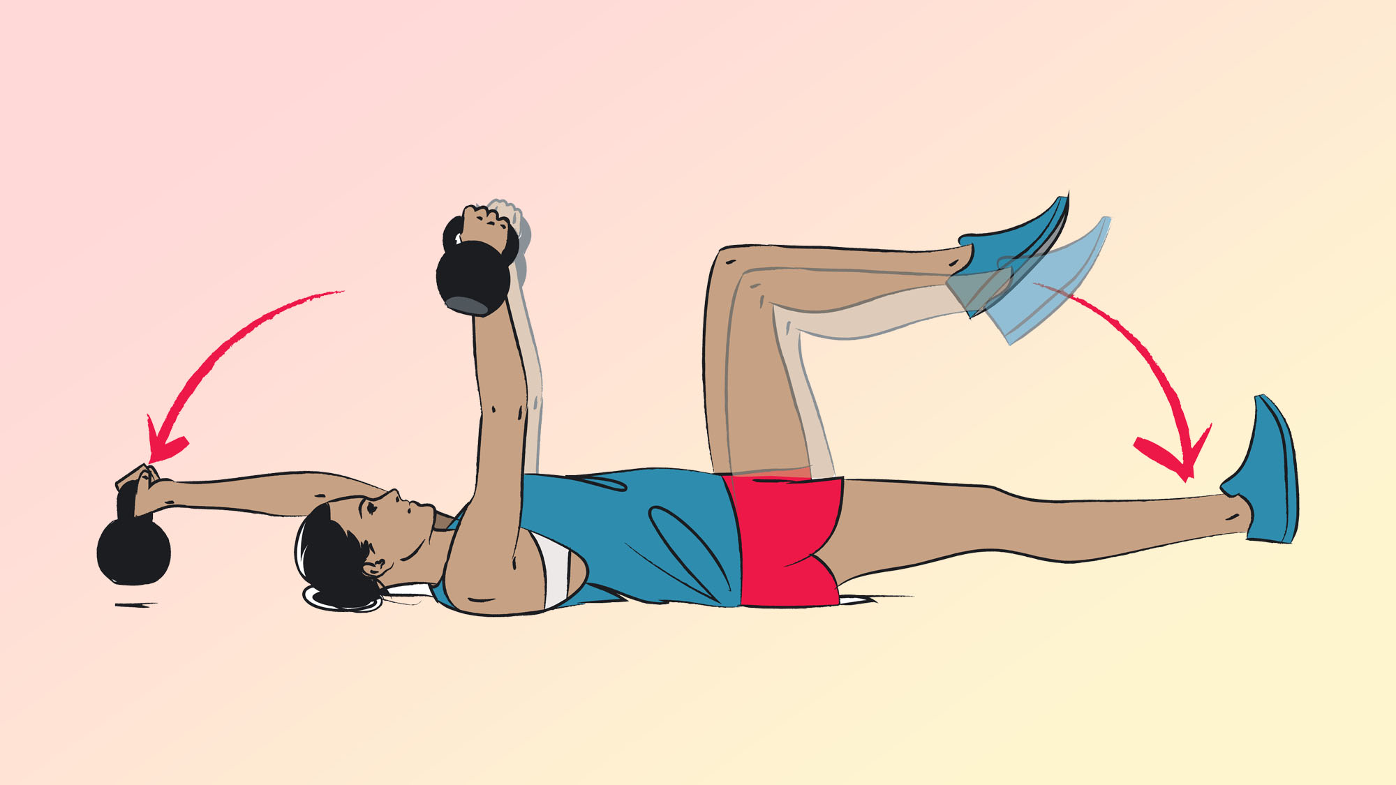 an illo of a woman doing deadbugs with weights
