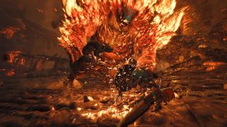 The firey Ajarakan in Monster Hunter Wilds