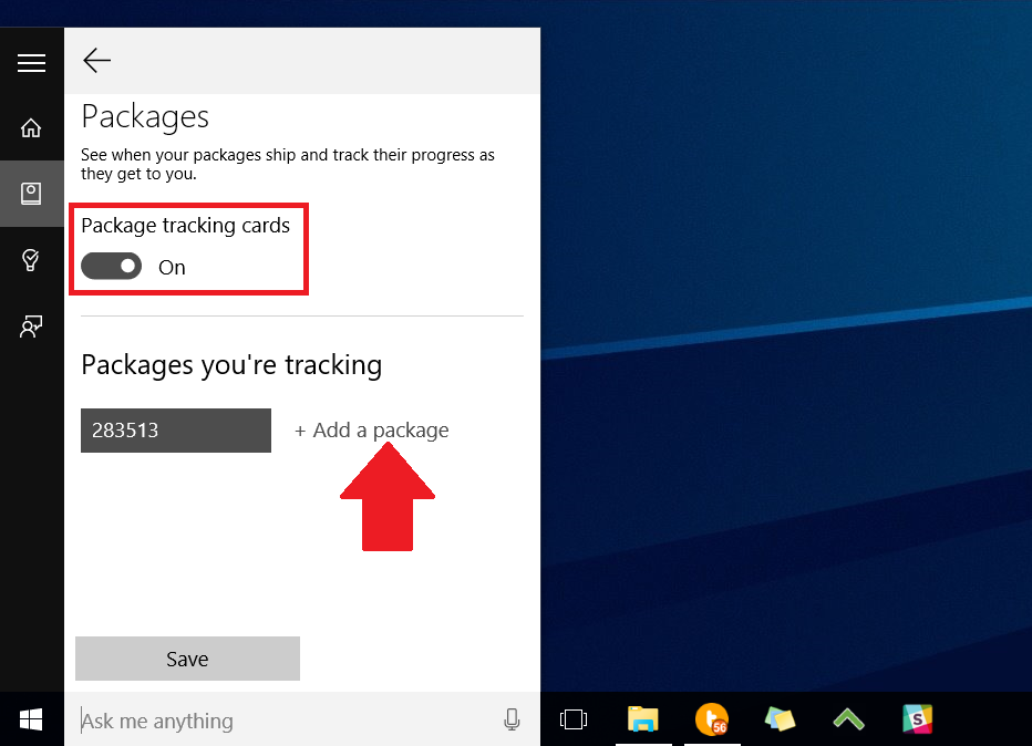 cortana track packages