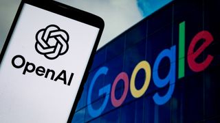 The logo of OpenAI is displayed on a smartphone screen with the Google logo in the background