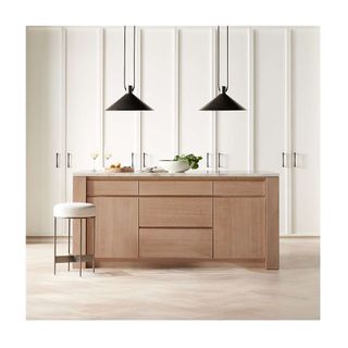light oak kitchen island with drawers and marble worktop