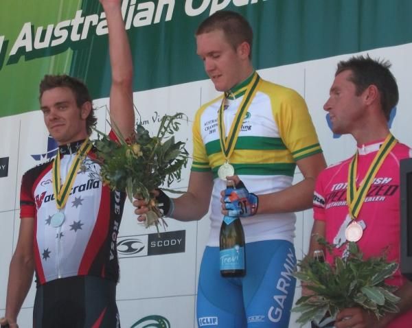 Travis Meyer (Garmin-Transitions) listens to the national anthem with his eyes closed.