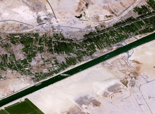 An Airbus-built Pleiades Earth-observation satellite captured this view of the Ever Given container ship stuck in the Suez Canal on March 25, 2021.