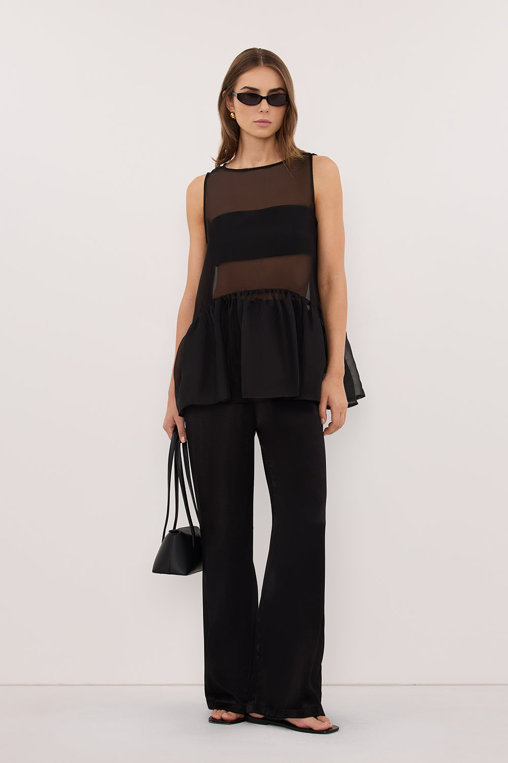 Sian Black Silk Organza Drop Waist Top - 0 / Black