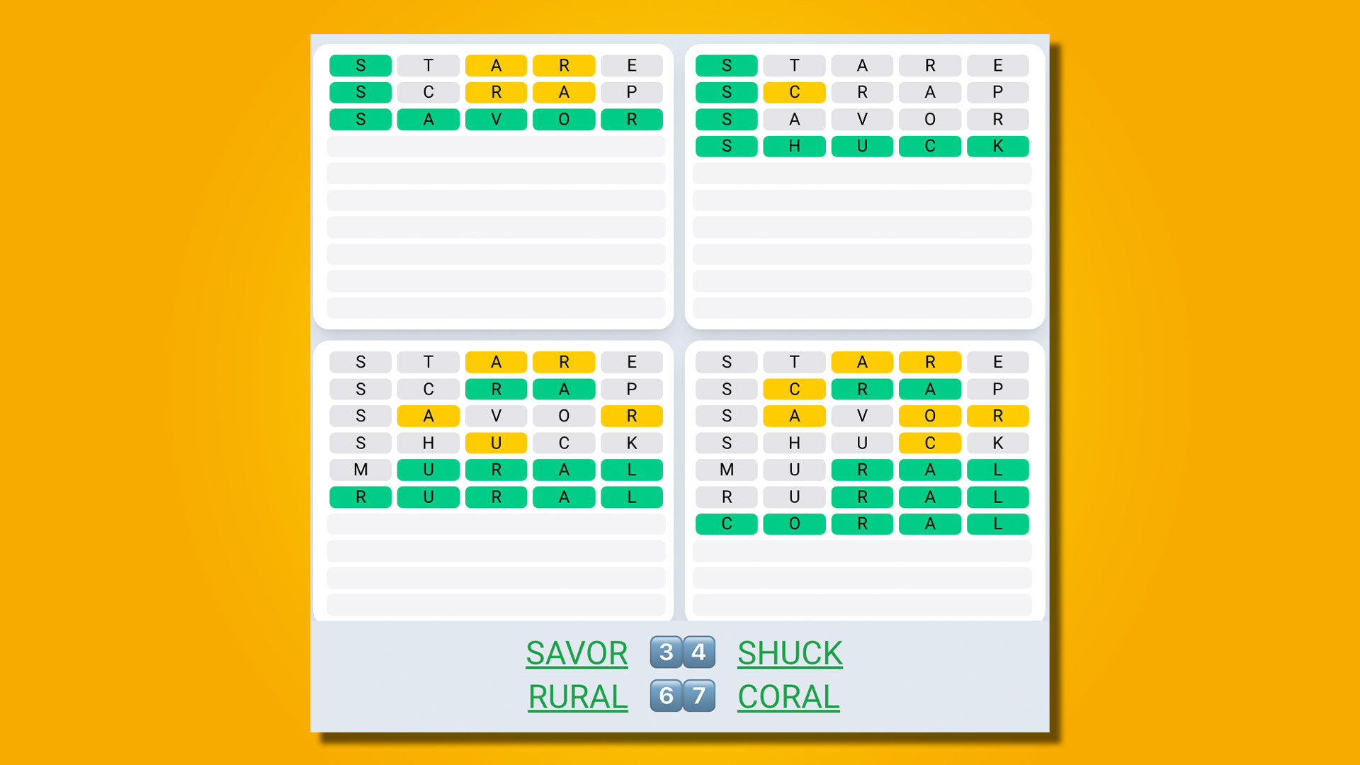 Quordle Daily Sequence 461 answers on a yellow background