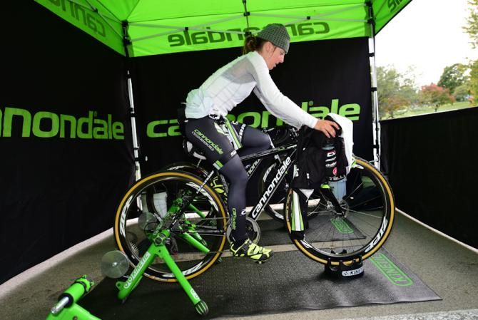 Kaitie Antonneau warming up in the Cannondale tent