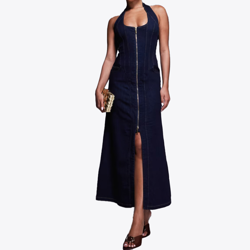 ワンピース Womens Splintered Denim Dress Hinson Wu Aileen Short Sleeve Denim Tencel Dress - Dark Wash