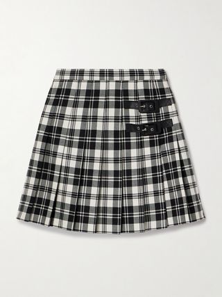 Leather-Trimmed Pleated Checked Wool Mini Skirt