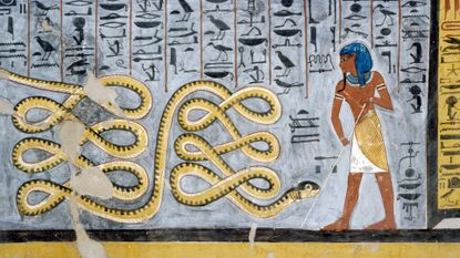 The god Atum fighting the serpent Apophis, the enemy of the Sun, fresco, burial chamber, Tomb of Ramesses I (KV16), Valley of the Kings, Thebes (Unesco World Heritage List, 1979). Egyptian civilisation, New Kingdom, Dynasty XIX.