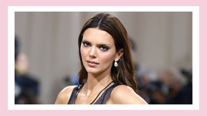 bleached eyebrows trend: Kendall Jenner pictured with bleached eyebrows at the 2022 Met Gala/ in a pink template