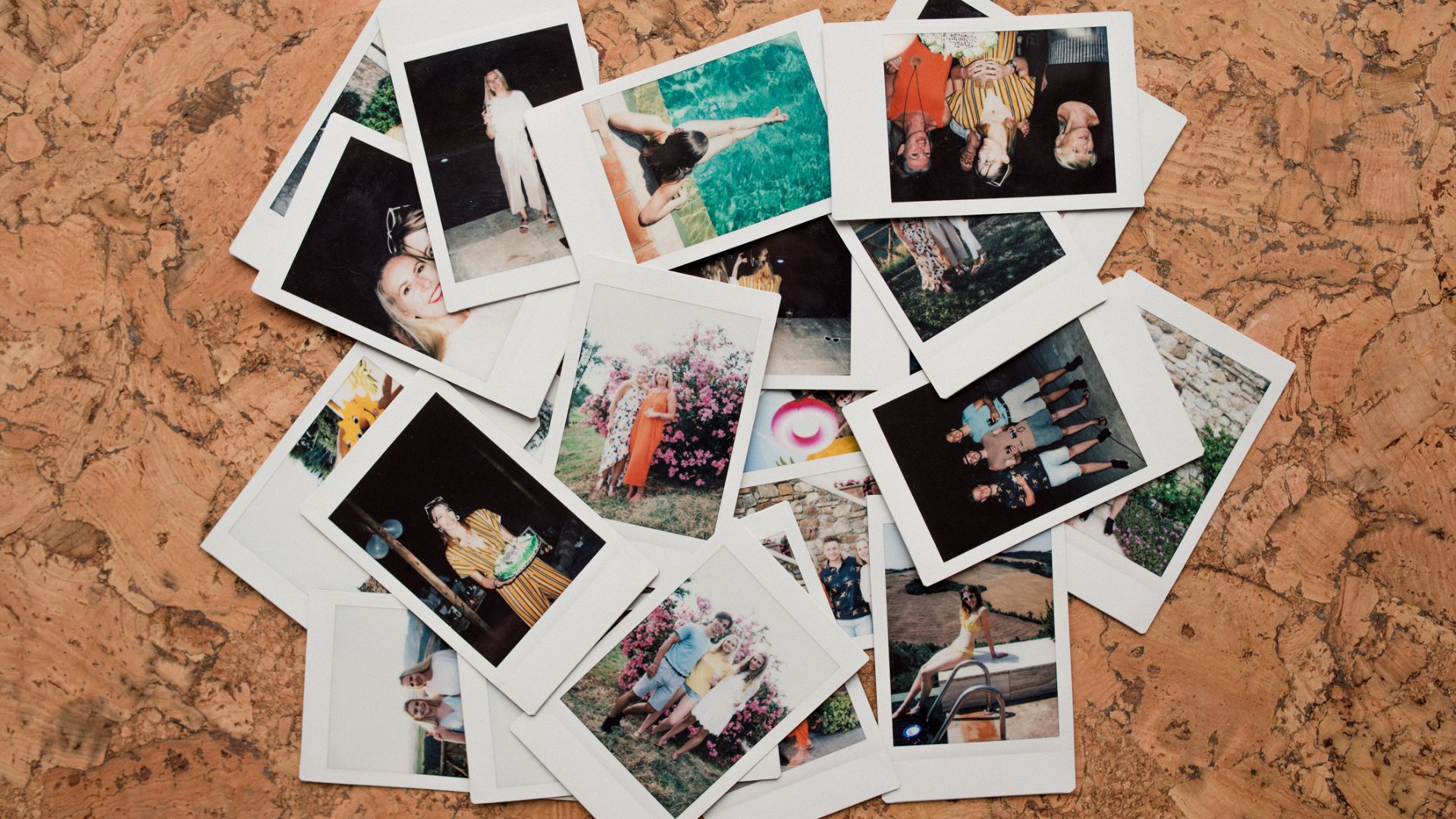 Flat lay montage of instant film photos of friends on vacation in Tuscany, Italy.