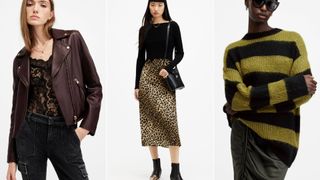 Three models wearing clothes from AllSaints including a biker jacket, a leopard print dress and a stripy jumper, shot against a pale background