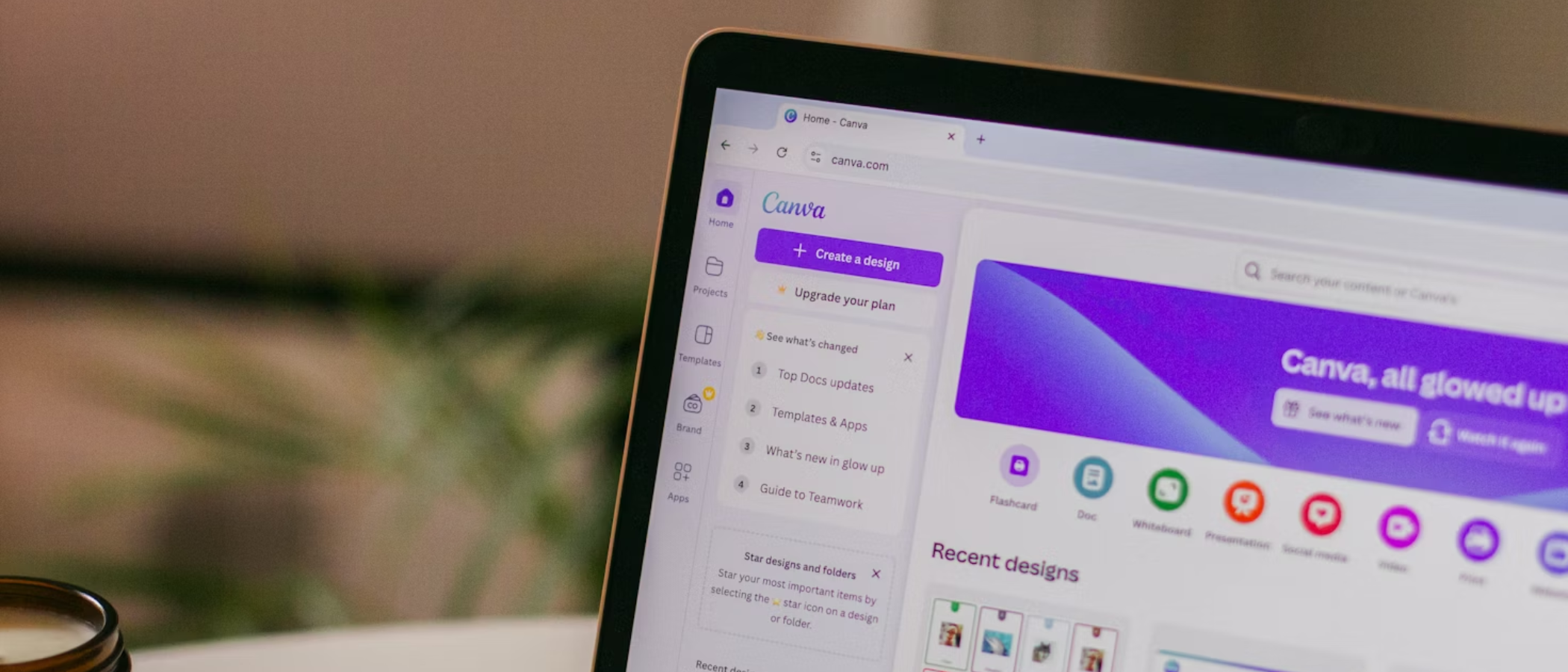Canva homepage on a laptop in a home office