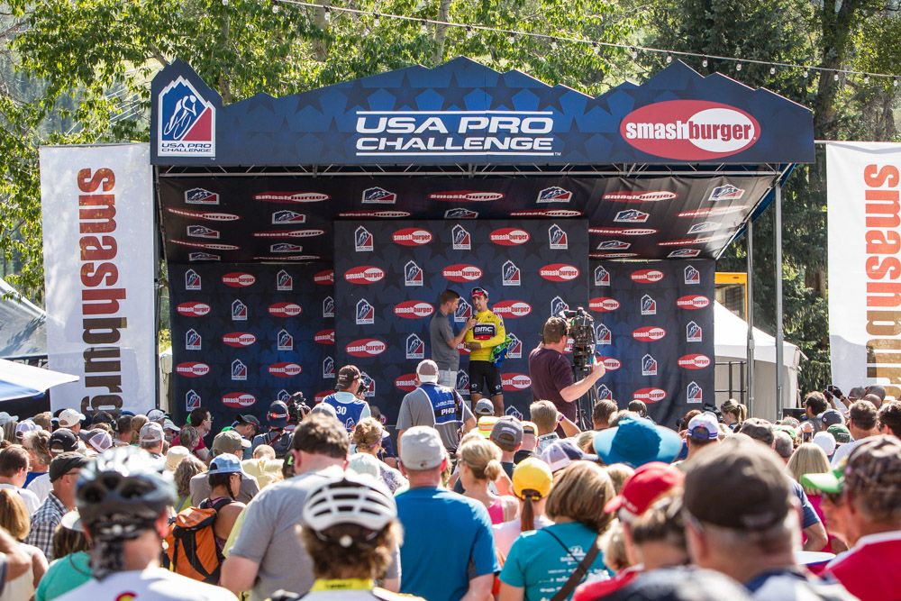 Taylor Phinney (BMC) on the stage in front of large crowds in Steamboat