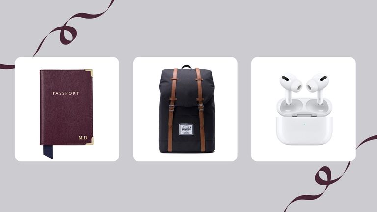 three of w&h's 18th birthday gifts picks—Aspinal of London passport cover, Herschel backpack and Apple Airpods—on a light grey background with burgundy ribbon decorations in the corners