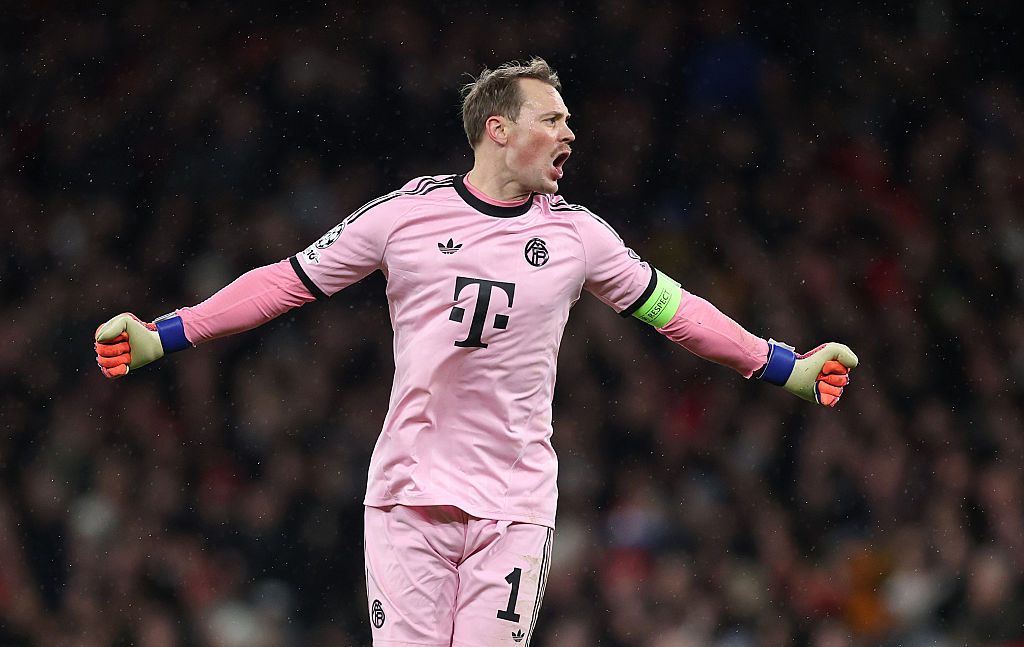 Manuel Neuer of Bayern celebrates his teams first goal during the UEFA Champions League 2025/26 League Phase MD5 match between Arsenal FC and FC Bayern M&amp;uuml;nchen at Arsenal Stadium on November 26, 2025 in London, England.