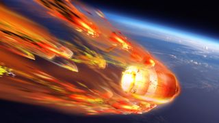 Spacecraft approaches Earth atmosphere below and begins to break apart, large orange streaking plumes of smoke and debris surround the craft.