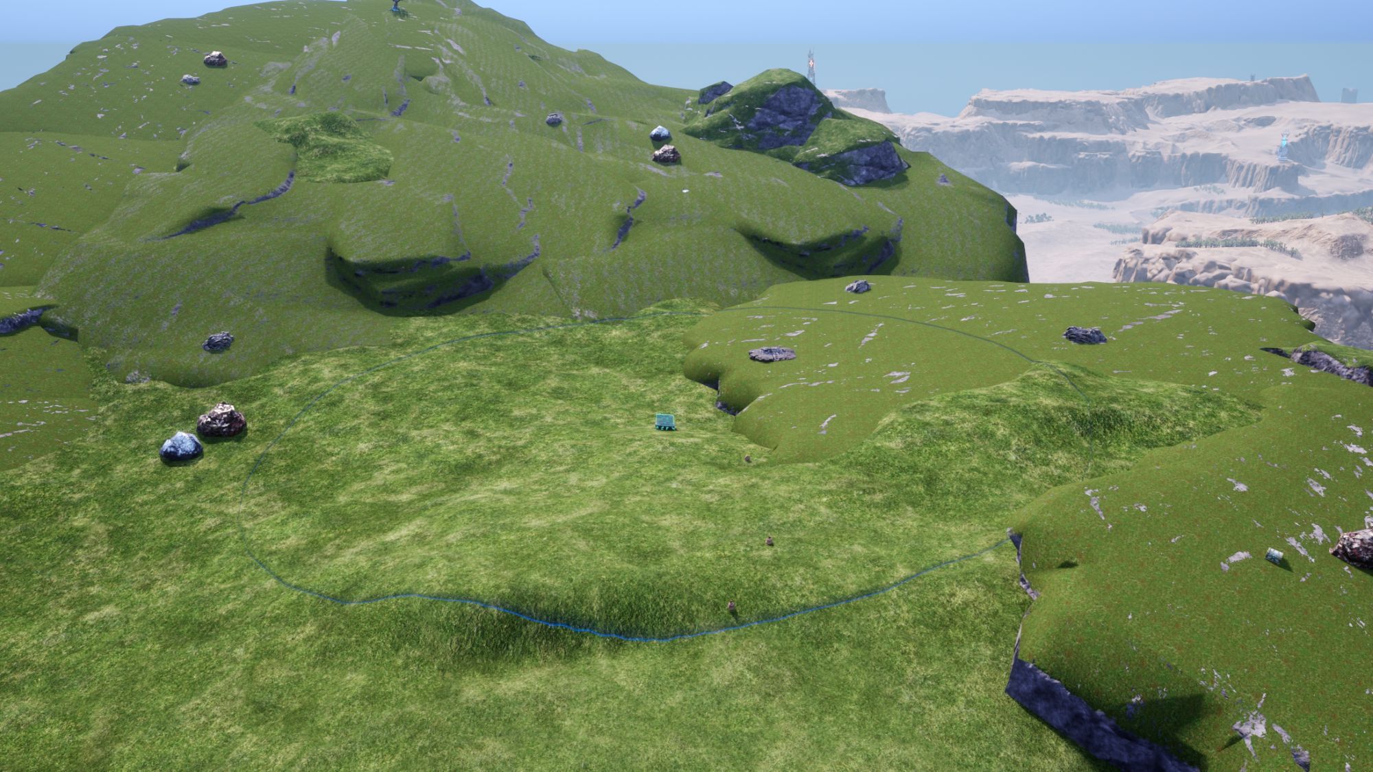 An open, green field on the edge of a mountain in Palworld. There are several ore and stone nodes near a crude oil deposit.