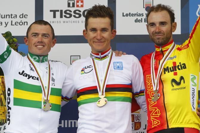 The podium: Simon Gerrans (Australia), Michal Kwiatkowski (Poland) and Alejandro Valverde (Spain))