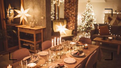 a festive christmas living room with a tree and laid dinner table with inspiration for how to decorate for Christmas