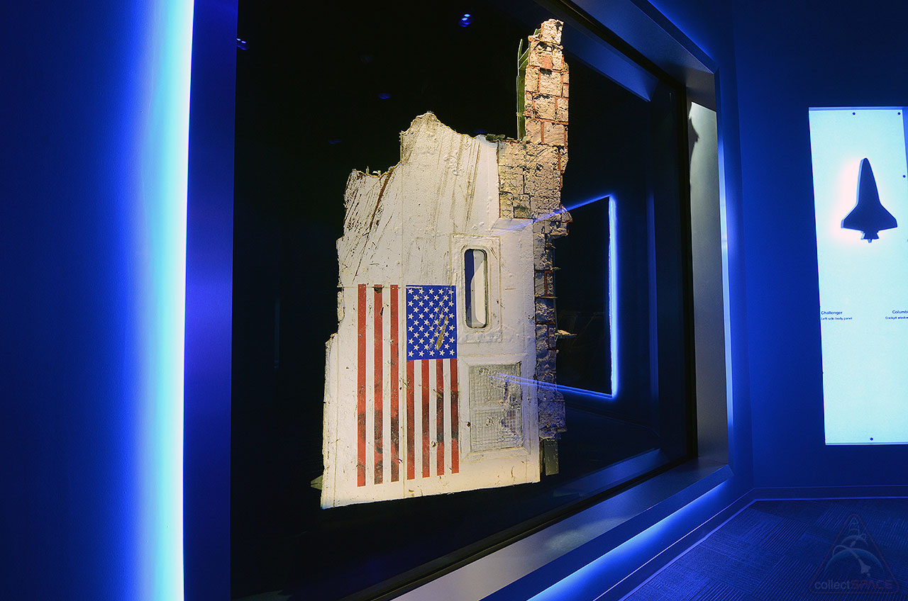A section of the fuselage recovered from NASA's space shuttle Challenger displayed in 