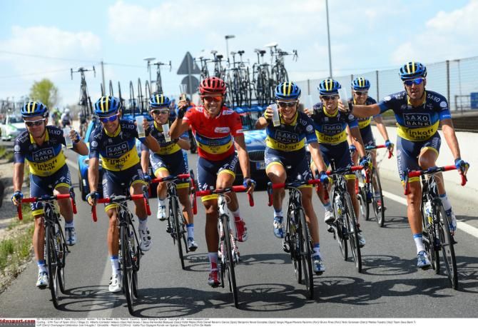 Alberto Contador with his Saxo-Tinkoff teammates on the final day of the Vuelta a Espa&ntilde;a