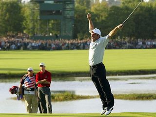 Paul McGinley jumps for joy at The Belfry in 2002