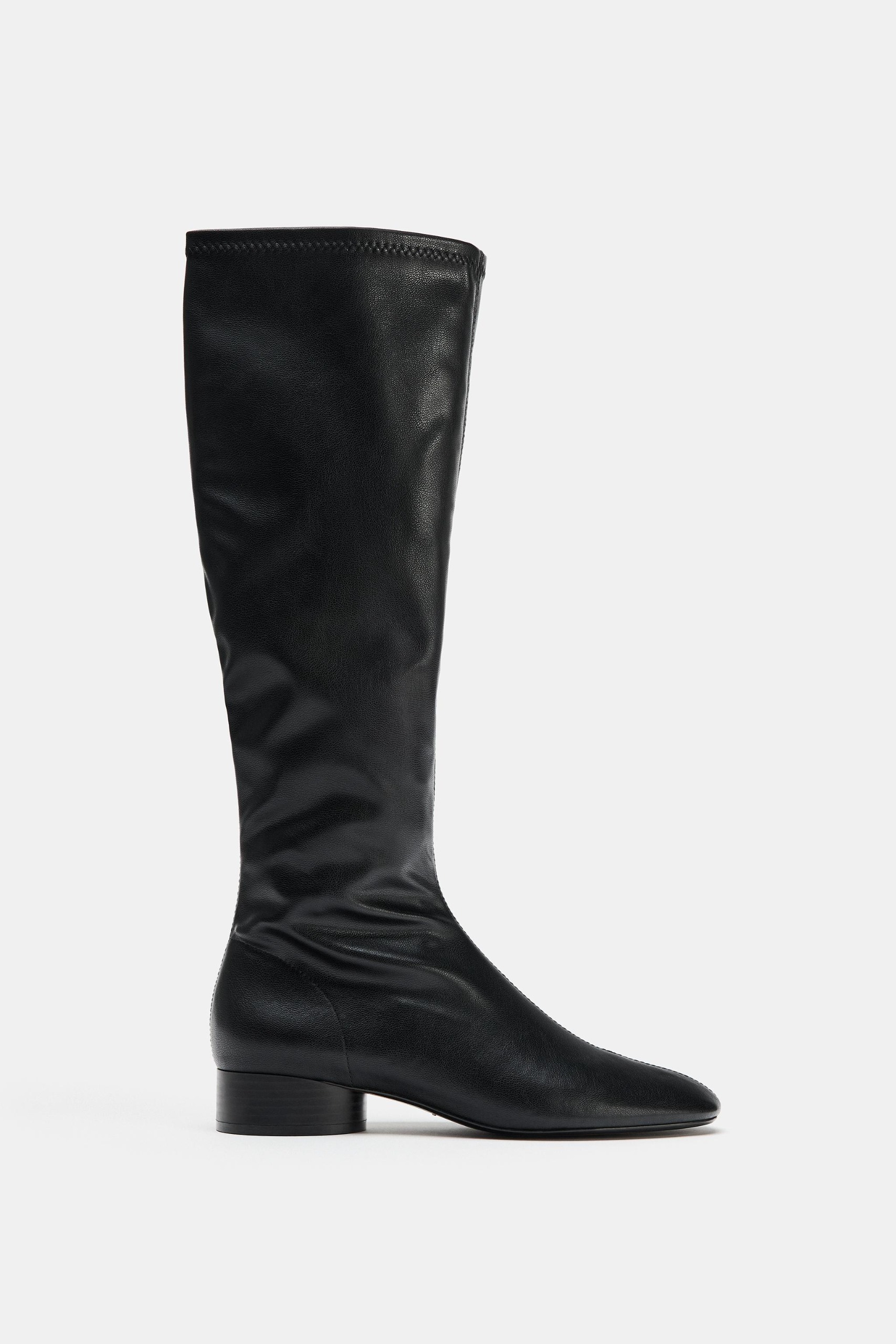 Stretch Flat Knee-High Boots - Black - 2
