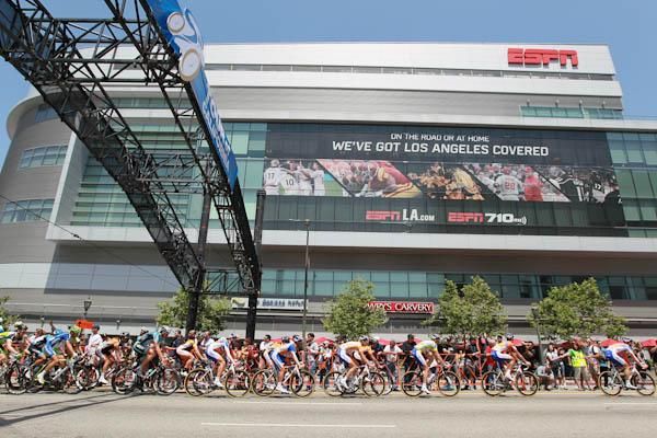 The field passes LA Live entertainment district in Los Angeles.