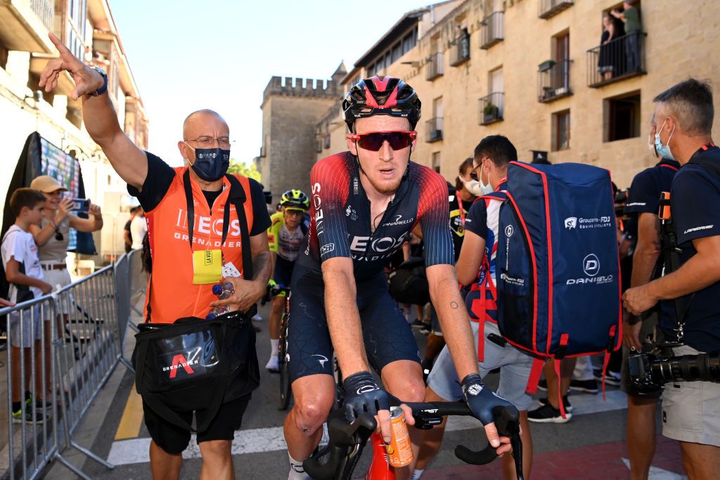 LAGUARDIA SPAIN AUGUST 23 Tao Geoghegan Hart of United Kingdom and Team INEOS Grenadiers reacts after the 77th Tour of Spain 2022 Stage 4 a 1524km stage from VitoriaGasteiz to Laguardia 627m LaVuelta22 WorldTour on August 23 2022 in Laguardia Spain Photo by Justin SetterfieldGetty Images