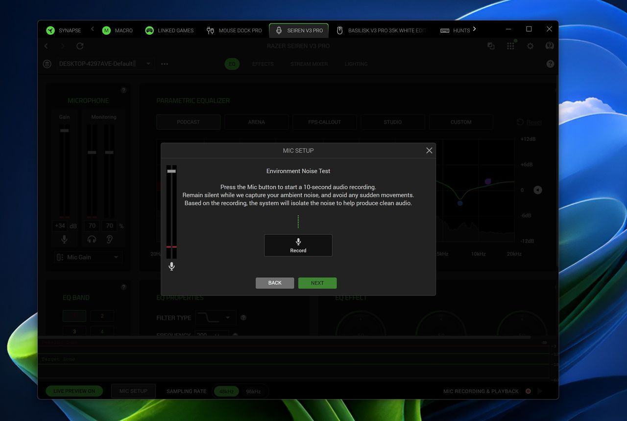 Screenshot of the Razer Synapse software displaying a pop-up window for an automated 10-second Environment Noise Test to isolate ambient sound.