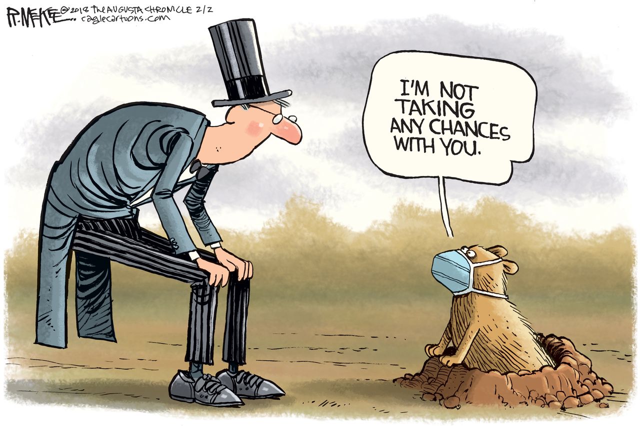 Political cartoon U.S. Groundhog Day flu sick