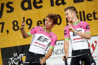 EF Education First-Drapac's Rigoberto Uran and Simon Clarke at the 2018 Tour de France team presentation