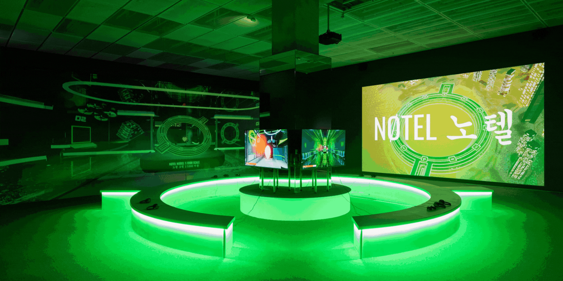 A rotating gif showcasing installation views of contemporary art projects or details of conceptual artworks.