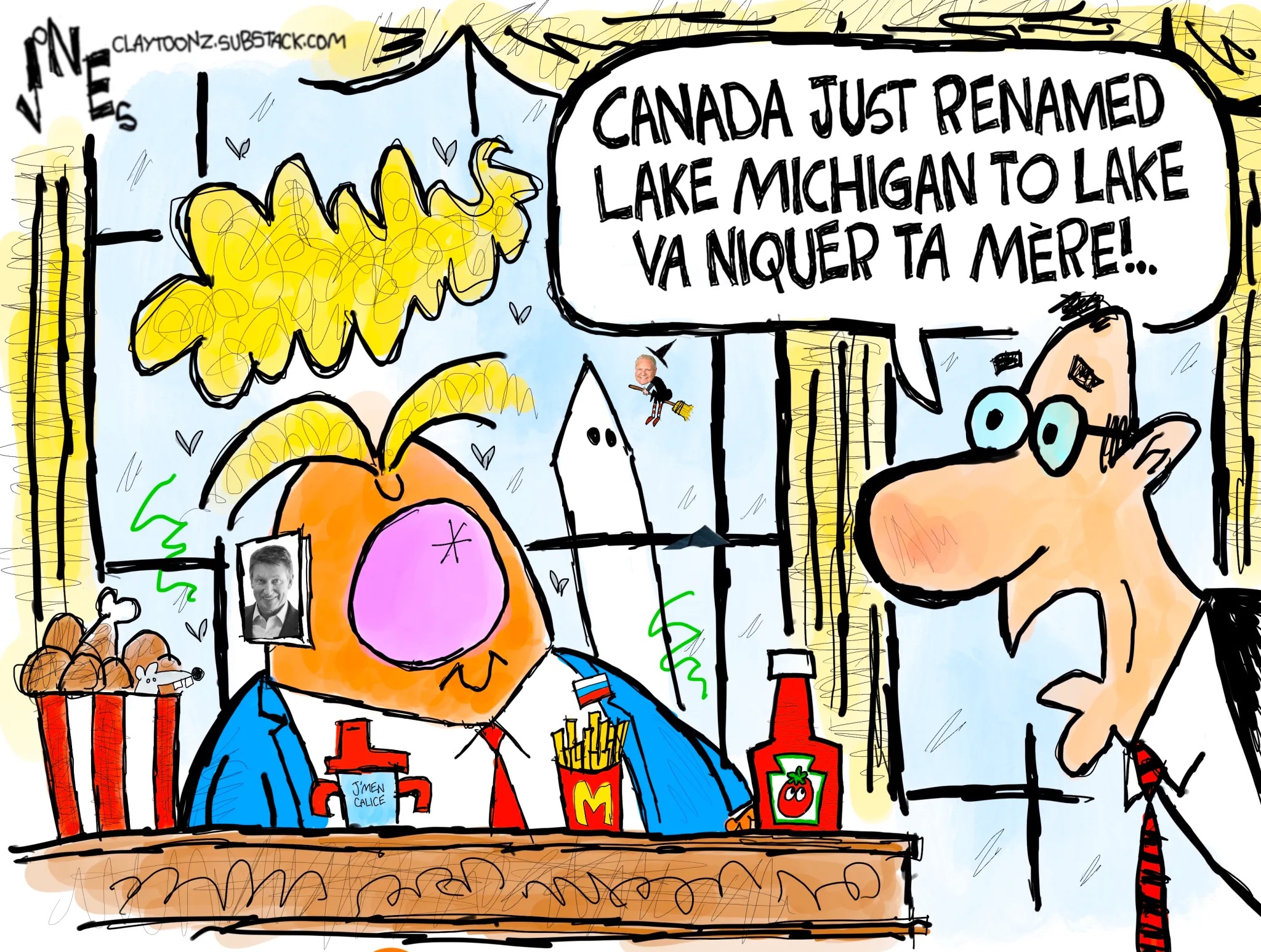 Donald Trump sits at a desk in the Oval Office. An aide says to him, "Canada just renamed Lake Michigan to Lake va niquer ta mere!"